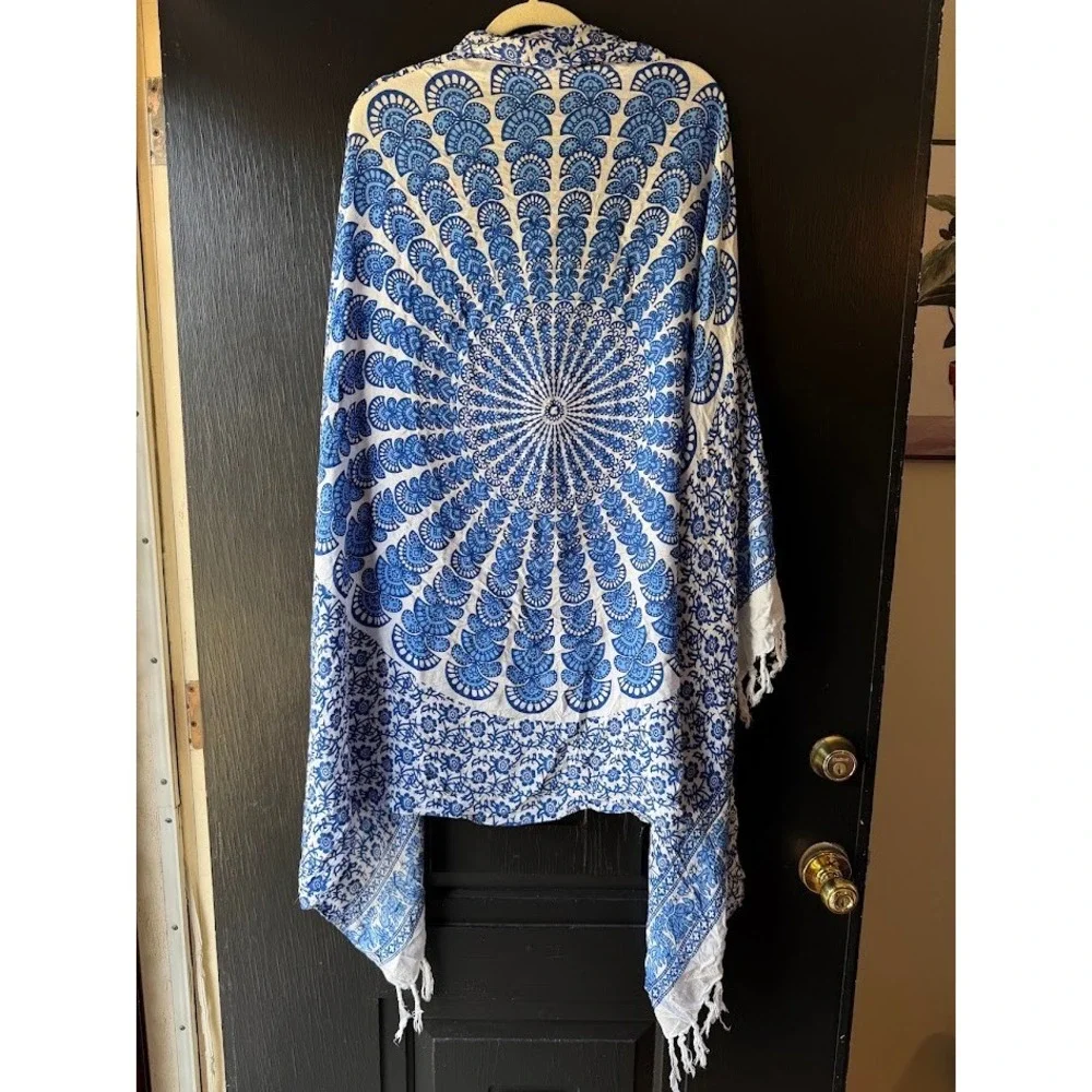 Blue White Mandala Elephant Print Sarong Wrap Beach Cover Up Fringe Tassel Shawl